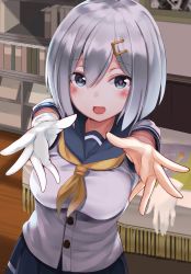 Rule 34 | 10s, 1girl, absurdres, blue eyes, blush, breasts, gloves, unworn gloves, grey hair, hair ornament, hairclip, hamakaze (kancolle), heart, heart-shaped pupils, highres, indoors, jewelry, kantai collection, looking at viewer, mono (sunegey), open mouth, outstretched arms, school uniform, serafuku, short hair, short sleeves, single glove, skirt, solo, symbol-shaped pupils, upper body, white gloves