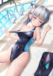 Rule 34 | 1girl, animal ear fluff, animal ears, bag, black one-piece swimsuit, blue archive, blue eyes, blue halo, breasts, c.u.wa, clothes pull, commentary, competition swimsuit, covered navel, cross hair ornament, duffel bag, extra ears, grey hair, hair ornament, halo, highleg, highleg swimsuit, highres, medium breasts, medium hair, mismatched pupils, multicolored clothes, multicolored swimsuit, one-piece swimsuit, one-piece swimsuit pull, panties, pool, pool ladder, rei no pool, scarf, shiroko (blue archive), shiroko (swimsuit) (blue archive), skirt, smile, solo, swimsuit, underwear, unworn panties, unworn scarf, unworn skirt, wolf ears