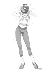 Rule 34 | 1girl, aihara akito, armpits, bracelet, clothes lift, dated, greyscale, highres, hot, jewelry, leggings, long hair, mask, midriff, monochrome, mouth mask, natsuki (new normal), navel, new normal, shirt lift, signature, simple background, solo, standing, sweat, white background