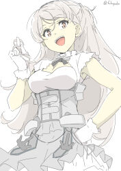 Rule 34 | 1girl, armpit cutout, blush, breasts, brown eyes, cleavage, cleavage cutout, clothing cutout, conte di cavour (kancolle), corset, dress, frilled dress, frills, fubupula, gloves, grey dress, grey hair, highres, kantai collection, large breasts, layered dress, long hair, looking at viewer, medium breasts, open mouth, smile, twitter username, two-tone dress, two side up, white dress, white gloves