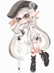 Rule 34 | 1girl, bandaid, bandaid on leg, beret, black footwear, black hat, black shorts, closed mouth, commentary, corrupted twitter file, cross-laced footwear, earrings, eyebrow cut, full body, gradient hair, grey hair, hat, highres, holding, inkling, inkling girl, inkling player character, jewelry, lemo (lemo 4), long hair, multicolored hair, nintendo, pointy ears, shoes, short shorts, shorts, simple background, solo, splatoon (series), splatoon 3, sweater, symbol-only commentary, tentacle hair, umbrella, undercover brella (splatoon), very long hair, weapon, white background, white sweater