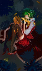 Rule 34 | 1girl, ascot, brown thighhighs, finger to face, fingernails, flower, gradient background, green hair, highres, kazami yuuka, lace, lace-trimmed skirt, lace trim, light particles, lips, long sleeves, looking at viewer, lying, nail polish, on side, partially submerged, petals, plaid, plaid skirt, plaid vest, red eyes, red nails, shoe dangle, short hair, shoujowamitsubachi, sideways glance, skirt, smile, solo, sunflower, thighhighs, touhou, vest