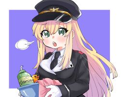 Rule 34 | 1girl, black hat, black necktie, blonde hair, breasts, collared shirt, commission, girls&#039; frontline, gloves, green eyes, hair between eyes, hat, holding, koji (subno ko zi), long hair, long sleeves, looking at viewer, medium breasts, necktie, open mouth, peaked cap, purple background, rubber duck, second-party source, shampoo bottle, shirt, sleeves past wrists, solo, stg44 (girls&#039; frontline), teeth, thick eyebrows, two-tone background, upper body, upper teeth only, very long hair, white background, white gloves, white shirt