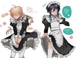 Rule 34 | ..., 2boys, absurdres, aether (genshin impact), ahoge, alternate costume, apron, aqua eyes, artist name, black dress, black hair, blonde hair, blue hair, blush, bow, bowtie, braid, closed mouth, collared dress, commentary, crossdressing, dress, english commentary, english text, enmaided, eyeshadow, flower, frills, genshin impact, gradient hair, hair between eyes, hair ribbon, hands up, heart, highres, index finger raised, juliet sleeves, lips, long hair, long sleeves, looking at viewer, looking down, maid, maid headdress, makeup, male focus, multicolored hair, multicolored ribbon, multiple boys, mybloodynails, one eye closed, orange eyes, pink flower, pink ribbon, puffy sleeves, red eyeshadow, ribbon, short hair, simple background, smile, speech bubble, standing, teeth, thighhighs, twin braids, venti (genshin impact), white apron, white background, white bow, white bowtie, white thighhighs, yellow ribbon