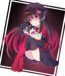 Rule 34 | 1girl, animification, black hair, boots, chibi, dark persona, gradient hair, highres, holding, holding toy, humanization, long hair, looking at viewer, multicolored hair, parted lips, red eyes, red hair, sailor collar, sitting, smile, solo, taro (ultrataro), thigh boots, thighhighs, tokusatsu, toy, ultra series, ultraman geed, ultraman geed (series), ultraman geed darkness, ultraman r/b, ultraman zero, ultraman zero darkness, ultrawoman grigio, ultrawoman grigio darkness, very long hair
