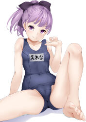 Rule 34 | 1girl, absurdres, adjusting clothes, adjusting swimsuit, bare legs, bare shoulders, barefoot, blue one-piece swimsuit, breasts, covered navel, fate/grand order, fate (series), helena blavatsky (fate), helena blavatsky (swimsuit archer) (fate), helena blavatsky (swimsuit archer) (first ascension) (fate), highres, looking at viewer, name tag, one-piece swimsuit, ponytail, purple eyes, purple hair, school swimsuit, short hair, short ponytail, sitting, small breasts, smile, solo, swimsuit, white background, yamachi (xadp7533)