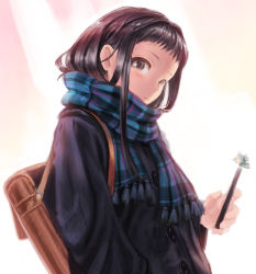 Rule 34 | 1girl, bag, black hair, blue scarf, brown eyes, cellphone, checkered clothes, checkered scarf, coat, enpera, fringe trim, gradient background, grey eyes, hatsune miku, holding, holding phone, light frown, long hair, looking at viewer, mori no kuma-san, original, phone, plaid, plaid scarf, scarf, smartphone, solo, upper body, vocaloid, white background