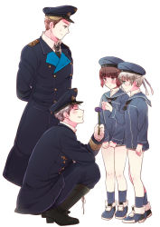 Rule 34 | 10s, 2boys, 2girls, axis powers hetalia, blonde hair, blue eyes, blush, brown eyes, brown hair, buttons, closed eyes, clothes writing, coat, cross, crossover, double-breasted, dress, epaulettes, flower, germany (hetalia), green eyes, grey hair, hat, holding, iron cross, kantai collection, kuro (parade), looking at another, military, military uniform, multiple boys, multiple girls, official style, prussia (hetalia), reaching, sailor, sailor dress, sailor hat, short hair, simple background, smile, squatting, uniform, white background, z1 leberecht maass (kancolle), z3 max schultz (kancolle)