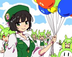 Rule 34 | &gt; &lt;, 6+girls, :3, alternate costume, balloon, beret, black hair, blue background, blush, breasts, clone, closed eyes, closed mouth, collared shirt, commentary request, earpiece, glasses, green eyes, green hair, green hat, green shorts, green vest, hat, headpat, holding, holding balloon, kyoumachi seika, lab coat, long hair, looking at viewer, low ponytail, mascot costume, medium breasts, mmki 8, multiple girls, opaque glasses, orange eyes, outdoors, outline, outstretched arms, puffy sleeves, shirt, short hair, short sleeves, shorts, simple background, sleeves past elbows, sleeves past fingers, sleeves past wrists, smile, spread arms, suspender shorts, suspenders, upper body, v, vest, voiceroid, voicevox, white background, white outline, white shirt, zundamon