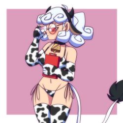 Rule 34 | 1girl, absurdres, animal ears, animal print, bikini, breasts, cow ears, cow horns, cow print, cow tail, cowbell, cowboy shot, curly hair, demon girl, demon horns, elbow gloves, eyelashes, female focus, fingerless gloves, glasses, gloves, half-closed eyes, helltaker, highres, horns, large breasts, long hair, looking at viewer, lueduar, navel, notebook, pandemonica (helltaker), pink background, ponytail, red eyes, ringed eyes, shiny skin, side-tie bikini bottom, slit pupils, solo, standing, swimsuit, tail, thick thighs, thighs, white hair, wide hips