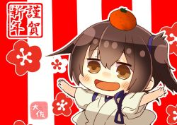 Rule 34 | 1girl, :d, artist name, brown eyes, brown hair, food, food on head, fruit, fruit on head, hair between eyes, happy new year, japanese clothes, kaga (kancolle), kanji, kantai collection, mandarin orange, new year, object on head, open mouth, outstretched arms, short hair, side ponytail, smile, solo, spread arms, taisa (kari), tasuki