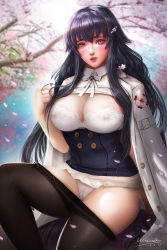 Rule 34 | 1girl, azuma (azur lane), azur lane, black gloves, black hair, black pantyhose, blush, bra, breasts, brown eyes, buttons, cherry blossoms, cleavage, cloak, clothes pull, corset, covered erect nipples, dated, day, double-breasted, gloves, hair between eyes, hair ornament, hairclip, hand up, highres, large breasts, long hair, looking at viewer, outdoors, panties, pantyhose, pantyhose pull, parted lips, petals, cameltoe, red lips, sidelocks, signature, sitting, skirt, smile, solo, turewindwalker, underwear, white bra, white panties, white skirt, wind, windwalker