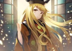 Rule 34 | 1girl, bad id, bad pixiv id, black hat, blonde hair, blouse, brown eyes, brown hat, commentary request, door, hand up, hat, light particles, long hair, looking at viewer, matara okina, multicolored clothes, multicolored hat, shirt, shiyun, solo, tabard, touhou, upper body, white shirt, wide sleeves, wind