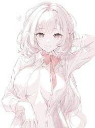 Rule 34 | 1girl, arm behind head, blush, breasts, closed mouth, collared shirt, commentary, dress shirt, elysia (honkai impact), english commentary, grey eyes, hand up, highres, honkai (series), honkai impact 3rd, kagefumi, large breasts, long hair, long sleeves, medium breasts, naked shirt, notice lines, open clothes, open shirt, pointy ears, shirt, simple background, smile, solo, very long hair, white background, white hair