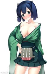 Rule 34 | 10s, 1girl, blue eyes, blue hair, blush, breasts, closed mouth, collarbone, cowboy shot, eyelashes, flight deck, green skirt, hair ribbon, hakama, hakama short skirt, hakama skirt, hand on own hip, head tilt, highres, japanese clothes, kantai collection, large breasts, long sleeves, looking at viewer, matching hair/eyes, miniskirt, nakamura kusata, off shoulder, pleated skirt, ribbon, simple background, skirt, solo, souryuu (kancolle), twintails, twitter username, white background, wide sleeves