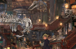 Rule 34 | 1boy, blonde hair, blue eyes, bone, book, dlkdhy, fossil, highres, holding, holding book, lamp, lantern, light bulb, looking at viewer, looking back, male focus, open book, original, short hair, solo, stairs