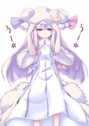 Rule 34 | 1girl, blush, capelet, cat, coat, coo (coonekocoo), crescent, dress, female focus, hair ribbon, hat tug, highres, long hair, open clothes, open coat, patchouli knowledge, purple eyes, purple hair, ribbon, solo, striped clothes, striped dress, touhou, translated, wide sleeves