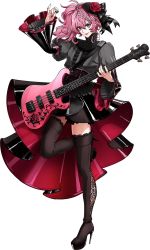 Rule 34 | 1boy, bass guitar, black dress, blue eyes, boots, crossdressing, dress, from argonavis, full body, goth fashion, guitar, hair between eyes, high heel boots, high heels, highres, instrument, lipstick, long hair, long sleeves, looking at viewer, makeup, male focus, mitsurugi koharu, official art, one side up, pink hair, plectrum, puffy long sleeves, puffy sleeves, side ponytail, smile, solo, tachi-e, thigh boots, thighhighs, transparent background, trap