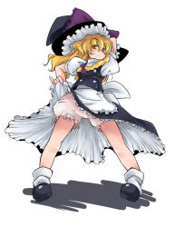 Rule 34 | 1girl, blonde hair, bloomers, bow, braid, clothes lift, dress, female focus, full body, hair bow, hand on headwear, hat, kirisame marisa, lifting own clothes, simple background, skirt, skirt lift, solo, standing, sugiura, touhou, underwear, white background, white bloomers, witch, witch hat, yellow eyes