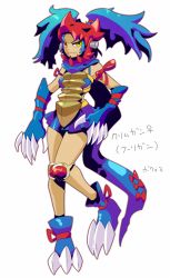 Rule 34 | 10s, 1girl, armor, blue hair, bow, chest plate, claws, creatures (company), druddigon, female focus, full body, game freak, gen 5 pokemon, gloves, hair bow, knee pads, long hair, mask, multicolored hair, nintendo, personification, pokemon, pokemon bw, ponytail, purple hair, ribbon, short twintails, simple background, skirt, smirk, solo, standing, tail, twintails, two-tone hair, yellow eyes, zippo (3756c)