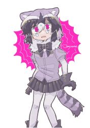 Rule 34 | 1girl, animal ear fluff, animal ears, bad id, bad twitter id, black bow, black gloves, black hair, black skirt, bow, commentary request, common raccoon (kemono friends), crying, crying with eyes open, feet out of frame, frown, gloves, grey hair, grey pantyhose, hair between eyes, inactive account, jmeysan, kemono friends, looking at viewer, multicolored hair, open mouth, pantyhose, pink eyes, pleated skirt, purple hair, purple shirt, raccoon ears, raccoon tail, sad, shirt, short hair, short sleeves, skirt, solo, standing, tail, tears, wavy eyes, white background