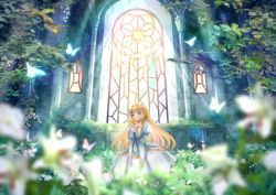Rule 34 | 1girl, blonde hair, blue eyes, blurry, blurry foreground, bug, butterfly, commentary request, dress, floating hair, flower, hair ornament, hands on own chest, highres, indoors, insect, juliet sleeves, light rays, long hair, long sleeves, marian oekaki, original, parted lips, plant, puffy sleeves, solo, white dress, white flower, window