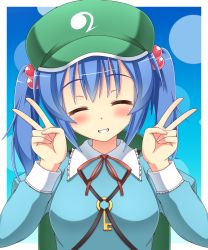 Rule 34 | 1girl, backpack, bag, blue hair, blush, closed eyes, double v, hair bobbles, hair ornament, hat, highres, houkiboshi, kawashiro nitori, key, long sleeves, simple background, smile, solo, teeth, touhou, twintails, two side up, upper body, v