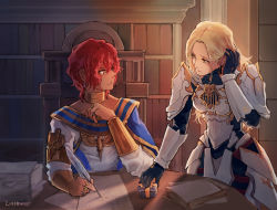 Rule 34 | 1boy, 1girl, adjusting hair, armor, black gloves, black pants, blonde hair, box, breastplate, chio heya, collarbone, dohalim (tales), earrings, eye contact, faulds, feathers, gift, gift box, gloves, highres, holding, holding feather, indoors, jewelry, kisara (tales), leaning forward, long hair, looking at another, pants, parted lips, red eyes, red hair, ring, short hair, shoulder armor, sitting, standing, tales of (series), tales of arise, writing, yellow eyes