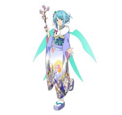 Rule 34 | 10s, 1girl, asuna (sao), asuna (sao-alo), blue eyes, blue hair, cherry blossoms, full body, fur collar, furisode, hair ornament, highres, japanese clothes, kimono, looking at viewer, matching hair/eyes, obi, official art, outstretched hand, pointy ears, resized, sandals, sash, simple background, socks, solo, standing, standing on one leg, sword art online, sword art online: code register, tabi, upscaled, white background, white socks, wings, yukata