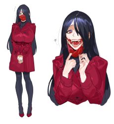 Rule 34 | 1girl, absurdres, black hair, breasts, coat, full body, glasgow smile, hair over one eye, high heels, highres, kuchisake-onna, large breasts, long hair, mask, mask pull, mouth mask, multiple views, original, pantyhose, red eyes, sohn woohyoung, trench coat
