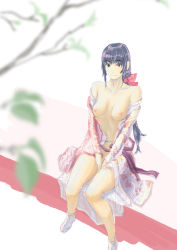 Rule 34 | 1girl, black hair, bow, braid, breasts, covering privates, covering crotch, dutch angle, hair bow, hal9500, japanese clothes, kimono, long hair, looking up, nipples, off shoulder, open clothes, open kimono, single braid, sitting, solo, umenokouji aoi, virtua fighter