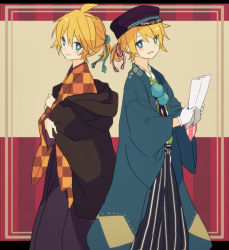 Rule 34 | 2boys, :d, ahoge, akiyoshi (tama-pete), alternate costume, blue eyes, border, closed mouth, dual persona, eyebrows, gloves, hair ribbon, hakama, hakama skirt, haori, hat, holding, holding paper, japanese clothes, kagamine len, long sleeves, looking at viewer, male focus, multiple boys, open mouth, paper, pom pom (clothes), ponytail, ribbon, shawl, skirt, smile, striped, striped background, tassel, vocaloid, white gloves, wide sleeves