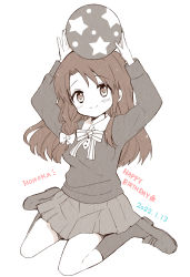 Rule 34 | 1girl, arms up, ball, blush, bow, breasts, brown eyes, brown footwear, brown hair, brown legwear, brown sweater, brown theme, character name, closed mouth, commentary, dated, english text, flower, full body, hair intakes, happy birthday, hara yui, highres, holding, holding ball, kin-iro mosaic, looking at viewer, matsubara honoka, medium breasts, official art, on head, open hands, pleated skirt, romaji text, school uniform, sitting, sketch, skirt, smile, solo, sweater, tareme, wariza, white background