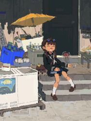 Rule 34 | 1girl, absurdres, akziqi, bag, black sailor collar, black serafuku, black shirt, black skirt, book on lap, box, brown footwear, closed eyes, cooler, creature, day, door, drooling, glass bottle, goggles, goggles on head, hair over shoulder, hand on lap, highres, kneehighs, loafers, long hair, long sleeves, neckerchief, on stairs, open mouth, original, outdoors, pigeon-toed, pixel art, sailor collar, school uniform, serafuku, shirt, shoes, shoulder bag, sitting, skirt, sleeping, sleeping upright, socks, solo, umbrella, white neckerchief, white socks, wide shot