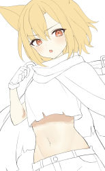 Rule 34 | 1girl, arknights, blonde hair, crop top, fang, fingerless gloves, gloves, groin, hair between eyes, hand up, highres, looking at viewer, midriff, nagute, navel, open mouth, parted bangs, red eyes, shorts, simple background, solo, unfinished, vermeil (arknights), white background