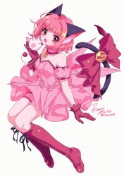 Rule 34 | 1girl, absurdres, animal ears, artist name, bell, blunt bangs, boots, bow, breasts, cat ears, cat girl, cat tail, choker, detached sleeves, dress, gloves, highres, kisumi rei, knee boots, looking at viewer, magical girl, masha (tokyo mew mew), mew ichigo, momomiya ichigo, pink bow, pink choker, pink dress, pink eyes, pink footwear, pink gloves, pink hair, puffy detached sleeves, puffy dress, puffy sleeves, short hair, sitting, small breasts, smile, solo, tail, tail bell, tail bow, tail ornament, tokyo mew mew, wavy hair, white background