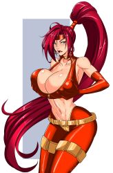 Rule 34 | 1girl, absurdres, battle chasers, belt, breasts, choker, cleavage, devil-v, grabbing, grabbing another&#039;s breast, green eyes, headband, highres, huge breasts, lip biting, lipstick, long hair, makeup, midriff, red hair, red monika