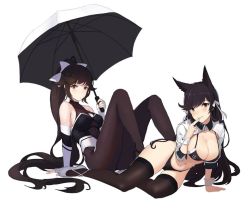 Rule 34 | 2girls, atago (azur lane), atago (stunning speedster) (azur lane), azur lane, bare shoulders, bikini, black bikini, black hair, black legwear, bow, breasts, brown eyes, cleavage, cleavage cutout, clothing cutout, elbow gloves, extra ears, finger to mouth, gloves, hair flaps, highleg, highleg bikini, highleg swimsuit, large breasts, long hair, looking at viewer, mole, mole under eye, multicolored leotard, multiple girls, pantyhose, ponytail, race queen, ribbon, shrug (clothing), simple background, swept bangs, swimsuit, takao (azur lane), takao (full throttle charmer) (azur lane), thighhighs, two-tone bikini, two-tone leotard, umbrella, vococo, white background, white bow, white footwear, white gloves, white ribbon, white umbrella, wrist cuffs
