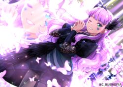 Rule 34 | 1girl, blue eyes, bug, butterfly, green eyes, highres, insect, long hair, long sleeves, looking at viewer, love live!, love live! superstar!!, musashiya chougenbou, one eye closed, purple hair, scenery, solo, wien margarete