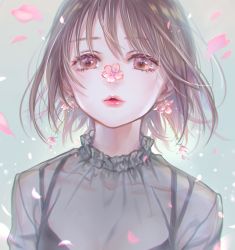 Rule 34 | 1girl, ao+beni, brown eyes, brown hair, cherry blossoms, close-up, earrings, jewelry, lips, looking at viewer, original, parted lips, petals, see-through, short hair, solo