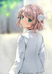 Rule 34 | 1girl, blazer, blurry, blurry background, blush, braid, brown hair, commentary request, depth of field, from behind, green eyes, highres, indie virtual youtuber, jacket, looking at viewer, looking back, natsume eri, parted lips, pleated skirt, school uniform, shigure ui (vtuber), short hair, skirt, solo, virtual youtuber, white jacket, white skirt