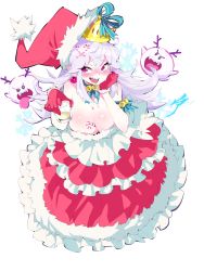 Rule 34 | 1girl, aetherion, arm garter, bare shoulders, bell, between breasts, blush, boo (mario), breasts, candy, candy cane, christmas, cleavage, collar, commentary, commission, crown, cup, dress, drinking glass, drooling, earrings, food, food between breasts, frills, ghost, ghost tail, gloves, hair ornament, hand to own mouth, hat, highres, holding, holding cup, huge breasts, jewelry, jingle bell, long hair, luigi&#039;s mansion, mario (series), multicolored clothes, multicolored dress, new super mario bros. u deluxe, nintendo, open mouth, pink eyes, pointy ears, princess king boo, red dress, red eyes, red gloves, saliva, santa hat, sharp teeth, shot glass, snowflake background, striped, super crown, teeth, tongue, tongue out, very long hair, white dress, white hair