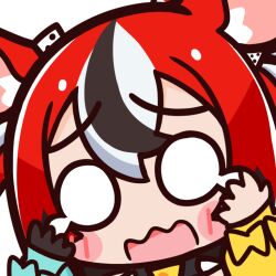 Rule 34 | 1girl, animal ears, black hair, blush, blush stickers, chibi, chroneco, commentary, english commentary, hakos baelz, hands on own face, hololive, hololive english, mouse ears, mouse girl, multicolored hair, o o, official art, open mouth, panicking, portrait, red hair, solo, streaked hair, tearing up, transparent background, virtual youtuber, wavy mouth, white hair