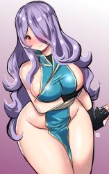 Rule 34 | 1girl, arm under breasts, black gloves, blue dress, blush, breasts, breath, camilla (fire emblem), commission, cosplay, cowboy shot, curvy, dress, fingerless gloves, fire emblem, fire emblem: the blazing blade, fire emblem fates, fire emblem heroes, from above, gloves, gradient background, hair over one eye, kenron toqueen, large breasts, long hair, looking at viewer, lyn (fire emblem), lyn (fire emblem) (cosplay), nintendo, nose blush, pelvic curtain, purple eyes, purple hair, revealing clothes, sash, sideboob, smile, solo, very long hair, wavy hair, wide hips