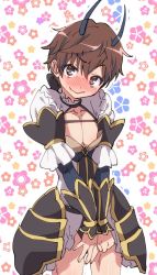 Rule 34 | 1boy, bad id, bad twitter id, bare legs, blush, brown eyes, brown hair, cosplay, covering privates, covering crotch, cowboy shot, crossdressing, floral background, horns, kishibe souta, la pucelle (mahoiku), la pucelle (mahoiku) (cosplay), mahou shoujo ikusei keikaku, mahou shoujo ikusei keikaku unmarked, male focus, matching hair/eyes, nittama, short hair, simple background, smile, solo, wavy mouth