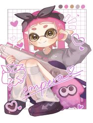Rule 34 | 1girl, black bow, black footwear, black hairband, border, bow, bow hairband, closed mouth, color guide, commentary request, glint, grey sweater, grid background, hair bow, hairband, heart, highres, holding, holding sword, holding weapon, inkling girl, inkling player character, leg warmers, long hair, looking at viewer, nintendo, notice lines, outside border, pink hair, pointy ears, ruriiro3939, shoes, simple background, sitting, smile, solo, sparkle, splatana stamper (splatoon), splatoon (series), splatoon 3, sweater, sword, tentacle hair, thick eyebrows, weapon, white background, white border, yellow eyes