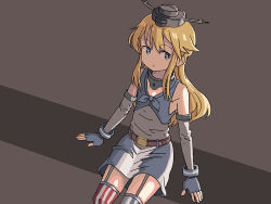 Rule 34 | 1girl, aged down, alternate breast size, asymmetrical legwear, blonde hair, blue eyes, brown background, circle skirt, commentary, english commentary, feet out of frame, fingerless gloves, flat chest, front-tie top, garter straps, gloves, grey gloves, iowa (kancolle), kantai collection, long hair, miniskirt, mismatched legwear, one-hour drawing challenge, sitting, sixten, skirt, solo, star-shaped pupils, star (symbol), striped clothes, striped skirt, striped thighhighs, symbol-shaped pupils, thighhighs, two-tone background, vertical-striped clothes, vertical-striped skirt, vertical-striped thighhighs