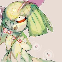 Rule 34 | 1girl, :3, blush, brown background, closed eyes, colored skin, cowboy shot, creatures (company), female focus, flat chest, flower, game freak, gen 3 pokemon, green hair, green skin, hair over one eye, happy, holding, holding flower, jaggy lines, kirlia, light blush, lowres, medium hair, multicolored skin, nintendo, one eye covered, open mouth, outline, oyama yoihaya, petals, pokemon, pokemon (creature), red eyes, sidelocks, simple background, smile, solo, standing, transparent, two-tone skin, white background, white flower, white outline, white skin