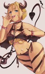 Rule 34 | 1girl, bare shoulders, bat (animal), blonde hair, blue eyes, bracelet, breasts, cammy white, chain, cleavage cutout, clothing cutout, demon horns, demon tail, earrings, grey background, guitarist yui, highres, horns, jewelry, medium breasts, panties, scar, scar on face, short hair, sleeveless, spiked bracelet, spikes, street fighter, street fighter 6, tail, teeth, tongue, tongue out, underwear