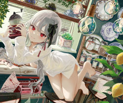 Rule 34 | 1girl, absurdres, arm support, bare legs, barefoot, black bow, blouse, blush, bow, braid, breasts, calendar (object), cleavage, closed mouth, coffee maker, grey hair, hair bow, hair ribbon, highres, indoors, ito lab, jar, kneeling, large breasts, leaning forward, light bulb, long hair, long sleeves, low twintails, nail polish, naked shirt, no bra, no pants, open clothes, open shirt, original, paper, pen, plant, plate, potted plant, radio, red eyes, red ribbon, ribbon, shirt, solo, stool, tearing up, tears, thighs, toe scrunch, toenail polish, toenails, twintails, v-shaped eyebrows, white shirt, window, yellow nails